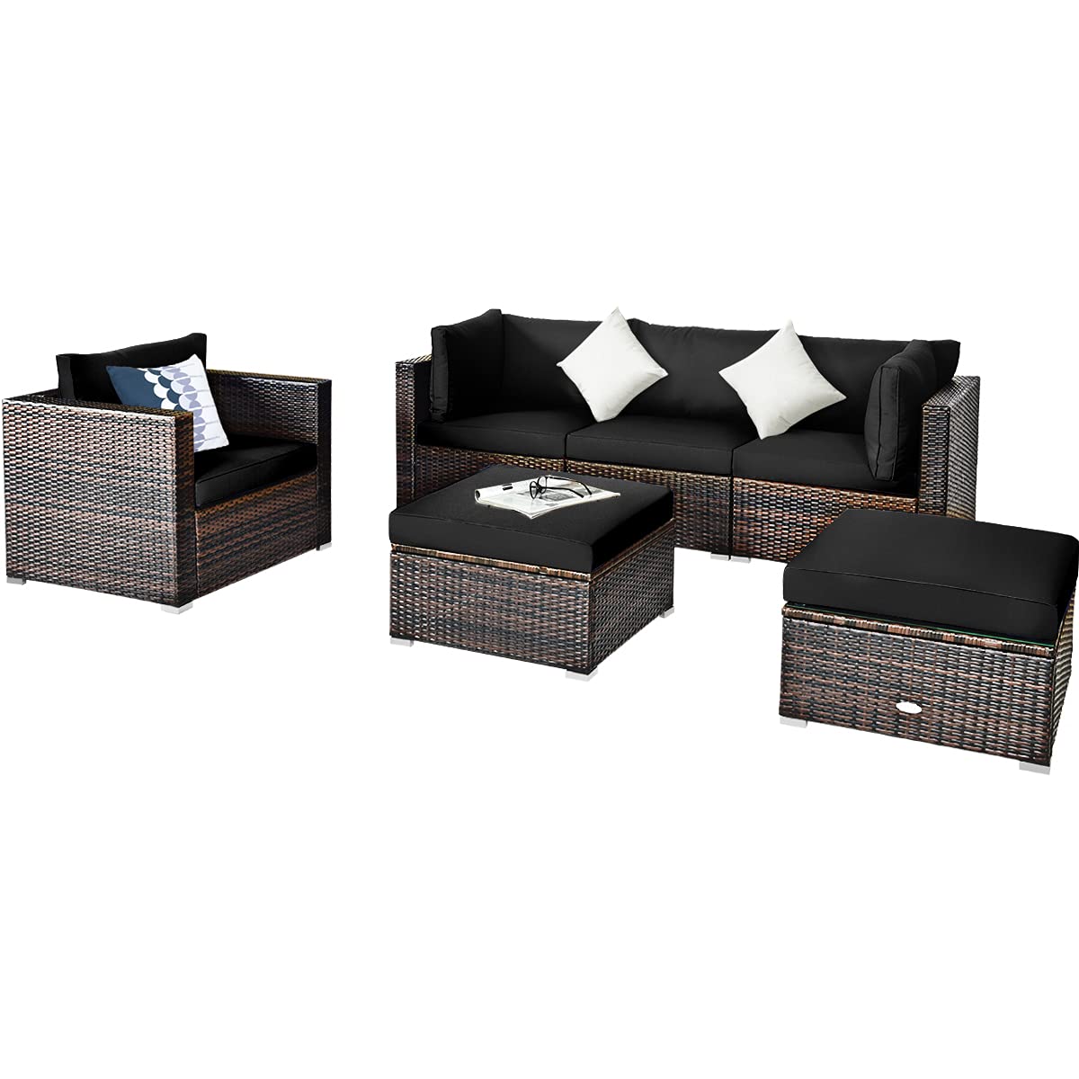 Ensemble de meubles de jardin modulables en rotin 6 pièces, salon de conversation d'extérieur en osier avec table basse en verre et pouf canapé